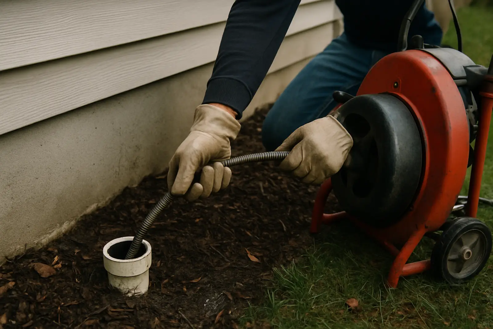 Gloved hands feeding a drain cleaning cable into an outdoor sewer cleanout