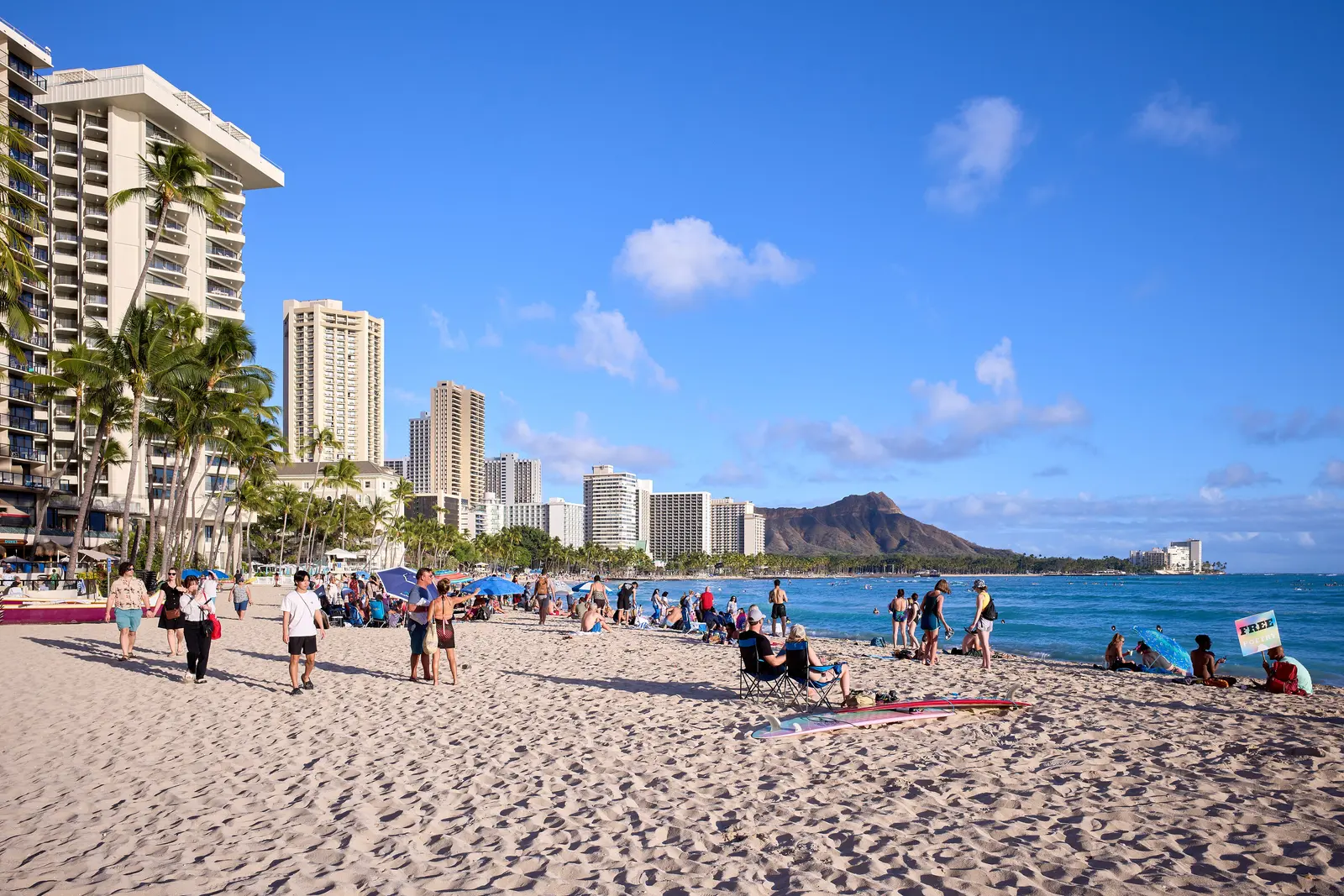 Waikiki Beach in Honolulu, looking toward Diamond Head